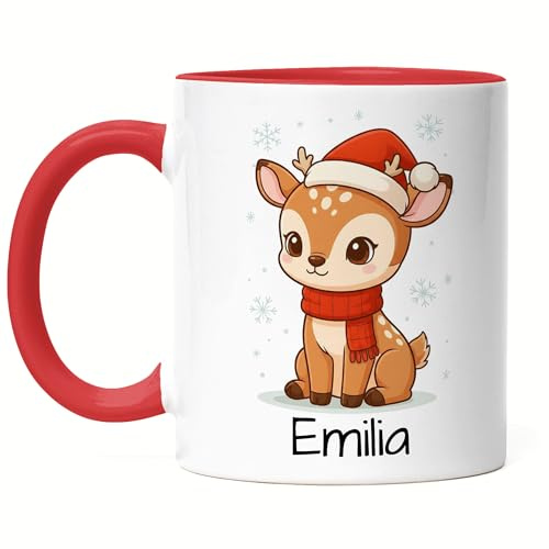 Kiddle-Design Tasse mit Namen personalisiert, Kindertasse Weihnachten Geschenk Junge & Mädchen mit Rentier, Nikolausgeschenk, Weihnachtstasse Kinderbecher mit Tier - Tasse Rot