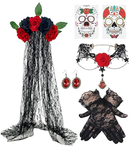 Day of the Dead Kostüme für Frauen – Tag der Toten Handschuhe und Ohrringe, Set, Cosplay, Spitzenhandschuhe, Schleier, Ohrringe, Halskette, Kostüm für Damen, Halloween-Party, Maskerade