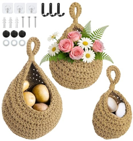 Hanging Fruit Basket for Kitchen, Hanging Storage Baskets for Kitchen to Storage Potato Onion Fruit Vegetable With 6 Hooks Fruit and Vegetable Wall Baskets for Storing Food