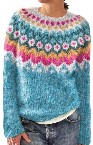 Générique Dam rundhalsad tröja vinter - vintertröja dam varma toppar långärmad toppar vardag tröja vår höst tröjor avslappnad tröja utomhus toppar färg lappverk pullover, Färg: blå, M