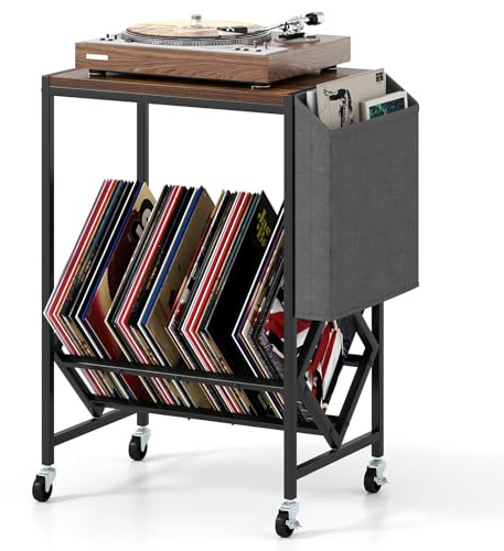 GIANTEX Soporte para Tocadiscos con Ruedas, hasta 100 LPs (Marrón) | Mesa Auxiliar con Bolsa Lateral y Divisores para Discos de Vinilo, 49,5x30x64cm, Organizador para CD, Álbumes, Revistas