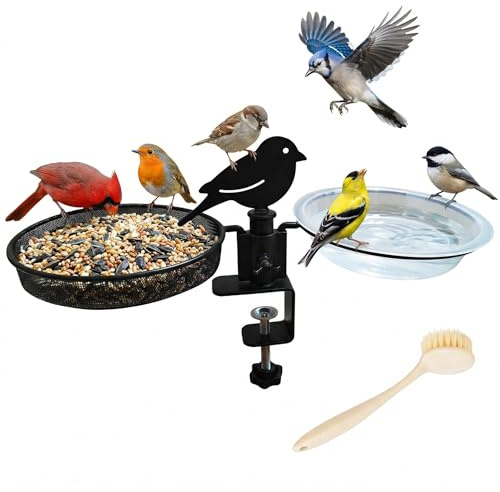 Deck Bird Feeder for Balcony Railing, No-Drill Adjustable Clamp Mount, Heavy-Duty Metal Mesh Platform Tray, Windproof Removable Water Bowl Bird Bath, Feeding Station for Wild Birds with Cleaning Brush