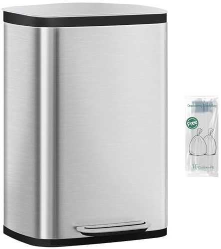 Hzuaneri Kitchen Bin 50 L, Pedal Bin with Soft-Close Lid, Stainless Steel Rubbish Bin with Handle, Removable Inner Buckets, 15 Inner Buckets, Silver SW15099E