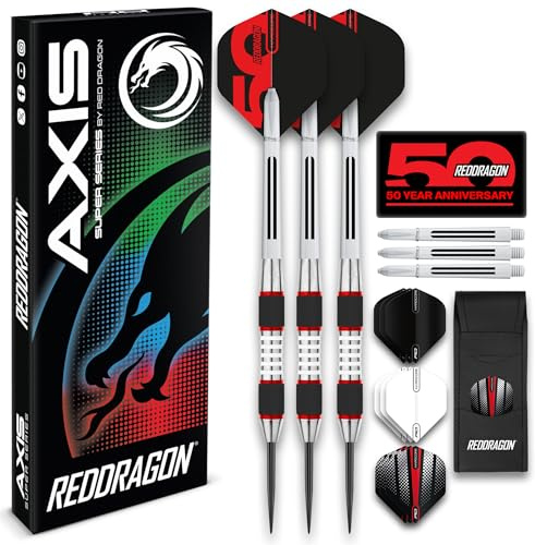 RED DRAGON Darts – Axis Red Series 28 g – Stahlspitze 85% Wolfram Professionelles Dart-Set mit Dart-Flights, Schäften und Brieftasche