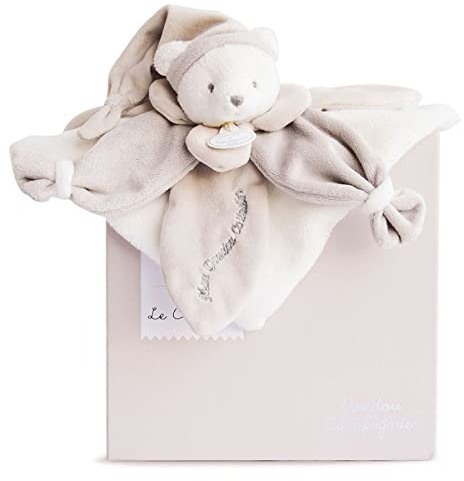 DOUDOU ET COMPAGNIE - Doudou Plat Ours Collector - Taupe - 3 Couleurs au Choix - Ourson avec Bonnet de Nuit - avec Boite Cadeau pour Offrir - Cadeau Naissance Bébé - Garantie Doudou Perdu - DC2922