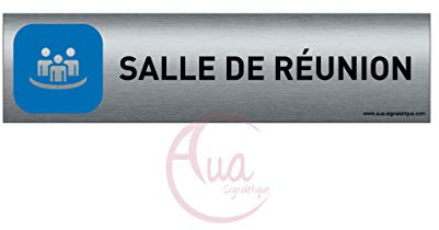 AUA SIGNALETIQUE - Plaque de porte Aluminium brossé imprimé AluSign - 200x50 mm - Double Face adhésif au dos - Impression UV directement sur l'aluminium (Pas de contre collage) (Salle de réunion)