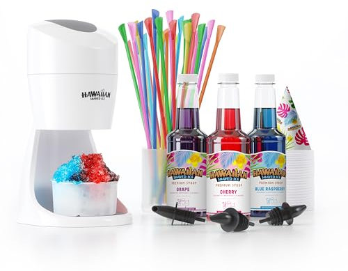 Hawaiian Shaved Ice Machine Kit - 3 Flavors, 25 Cups, Straws, Pourers, Ice Molds