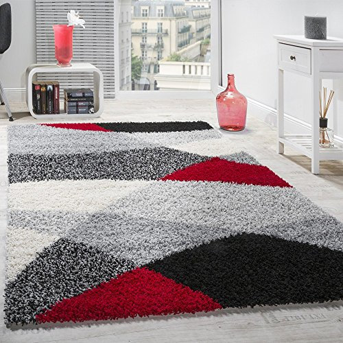 Paco Home Tapis Shaggy Poils Hauts Longs Doux Motifs Géométriques Différents Coloris, Dimension:160x220 cm, Couleur:Rouge