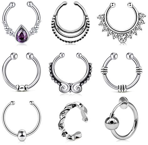 LAURITAMI 9pcs Fake Silver Septum Clip Nose Rings Set Surgical Steel Non Piercing Ear Cuff Diamond Jewellery