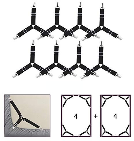 WADEO 8 Stück Bettlaken-Clips Bettlakenspanner, Verstellbare Elastische Dreiecks-Stützgurte für Spannbettlaken und Bettlaken, Matratze, Sofakissen, Tischdecken, Bügelbrett - Schwarz
