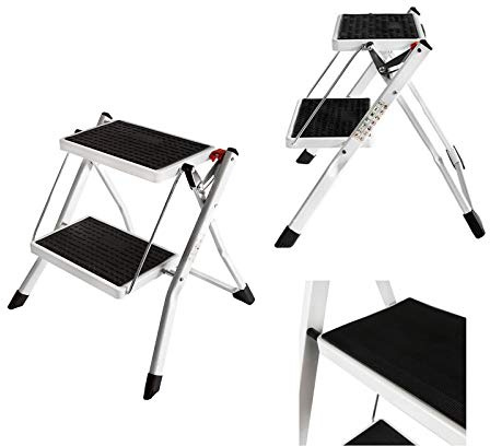 Huini Escabeau de sécurité à 2 marches - Mini escabeau pliable - En acier de qualité supérieure - Antidérapant - Pour cuisine, maison, bureau