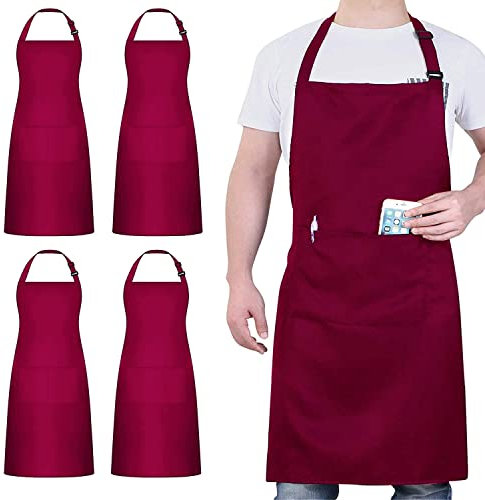 loteaf 4 Packs Chef Apron, Waterproof Apron, Adjustable Aprons with 2 Pockets for Men Women, Professional Aprons for Kitchen Cooking Gardening Painting Baking Restaurant (Wine)
