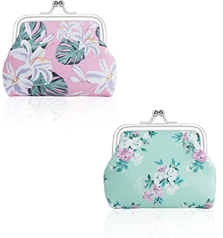 FuninCrea 2 Pezzi Portamoneta con Doppia Chiusura a Scatto, Porta Monete Portafoglio Piccolo con Motivo Floreale, Mini Portamonete Ragazza in Ecopelle, Portatile Kiss-Lock Coin Purse (stile 1)