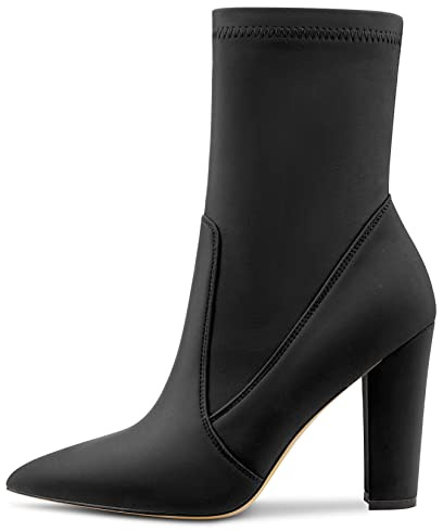 Castamere Femmes Bloc Chunky Haut High Talon Heel Pointu Bout Bottines Fermeture à Glissière Slip-on Cute Dress Mariage Party Bottes 10 CM Heels Noir Satin 38 EU
