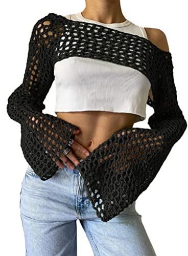 ORANDESIGNE Maglietta Donna Y2K all'Uncinetto Top a Maniche Lunghe Top a Tinta Unita Maglione Monospalla Streetwear Anni '90 Punk Gotico Maglione a Maglia Strappato Top D Nero M