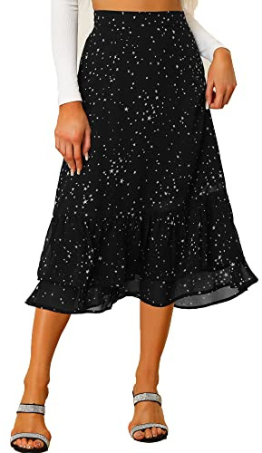 Allegra K Women's Printed Skirt Chiffon Ruffle Tiered Flowy Midi Skirts | Elastic High Waist, Floral Print, Layered Ruffle High Low Hem, Hidden Zipper, Chiffon Flowy
