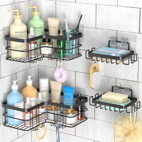 Yazoni Estantería de ducha esquinera, 4 unidades, sin taladrar, con soporte para jabón, organizador de baño de acero inoxidable con 8 ganchos para baño, cocina y salón (negro)