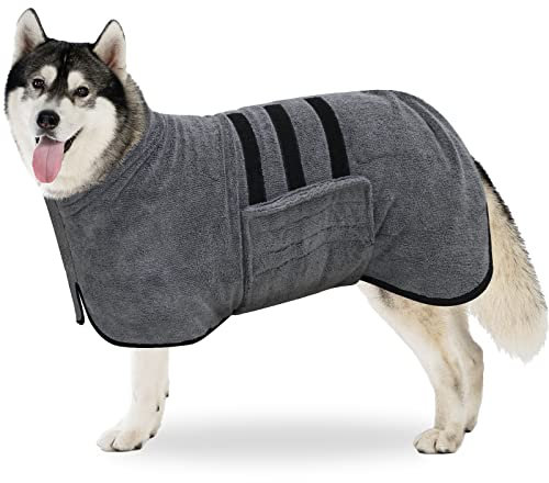 BASVII Hundebademantel aus Mikrofaser, Bademantel Hund Extra SaugfäHig und Schnell Trocknendes mit Klettverschluss und Verstellbarem Schrumpfband, für Große Mittel und Kleine Hunde