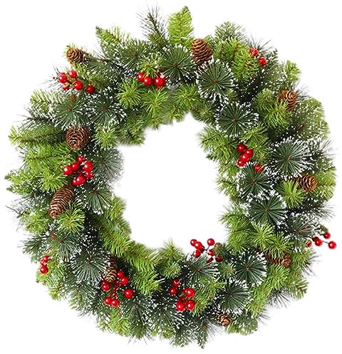 AMZLORD Künstlicher Weihnachtskranz for Tür, 40cm Türkranz Weihnachten außen und innen, mit Weihnachtskugeln, Rote Beeren, Tannenzapfen for Haustür, Kamin und Wanddekoration Dekor
