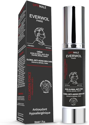 EVERWOL - CRÈME HYDRATANTE, ANTI AGE POUR HOMME, VISAGE ET YEUX, ACIDE HYALURONIQUE, COLLAGÈNE, JOJOBA ET THÉ VERT, 50ML