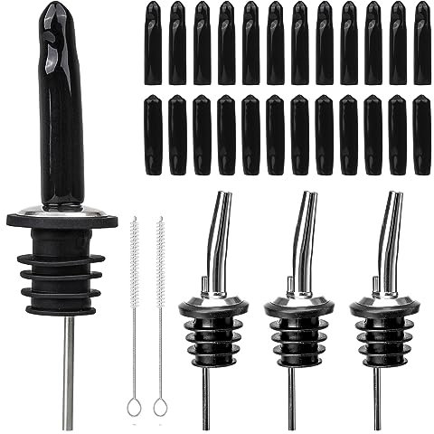 Roosea Vertedor de Acero Inoxidable Set, 4 Piezas Vertedor de Vino, con 24 Piezas Tapas para Vertedor y 2 Piezas Cepillos, Vertedores Boquilla Cónica para Aguardiente Bebidas Vinagre Aceite