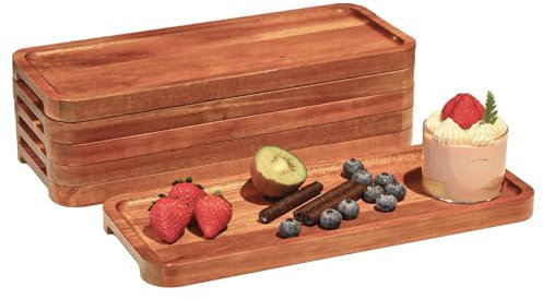 Wood Serving Trays Set of 6, 14 x 6 inch Acacia Wood Platters, Long Rectangular Wooden Trays for Charcuterie, Appetizers, Dessert, Party Serving & Kitchen Décor