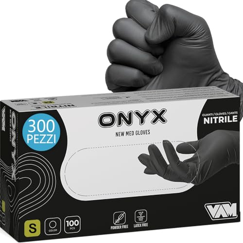 GM 300 Guanti Nitrile Neri S senza polvere, senza lattice, ipoallergenici, Guanti Monouso Nitrile per Estetisti, Tatuatori, Manipolazione degli Alimenti guanti monouso