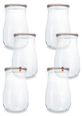 Flaschenbauer - Tulpenglas 6 Stück I 1750 ml Hochwertiges Einweck Einmach Glas I mit Glasdeckel, Dichtungsring und Klammern, zum Einkochen, Hitzebeständig, Mikrowellengeeignet, Backofengeeignet