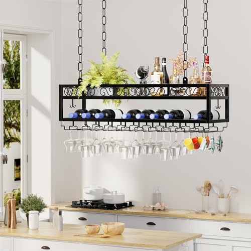 DFENG Estantería de techo para vino, altura ajustable, con soporte de cristal y cadena de hierro, 2 capas, estilo industrial, para bares, restaurantes, cocinas, cafeterías