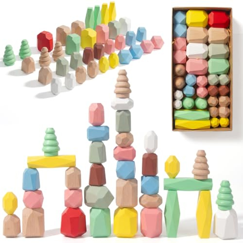 WOODENFUN 36tlg Bunte Holz Balance Steine Montessori Spiel für Klein ab 3J
