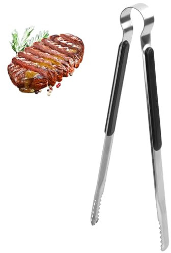 Grillzange Edelstahl, Küchenzange, 25.5 CM Kochzange, Mehrzweck Lebensmittelzange, Wurstzange mit Schwarz Hitzebeständigem Rutschfester Griff, Fleischzange Lang zum Fleisch, Kochen, Meeresfrüchte, BBQ