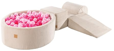 MEOWBABY Parque Infantil de Espuma con Piscina de Bolas para Niños 240x45cm/200 Bolas Conjunto de Piscina de 4 Elementos, Pana, Crudo: Rosa Pastel/Rosa Claro