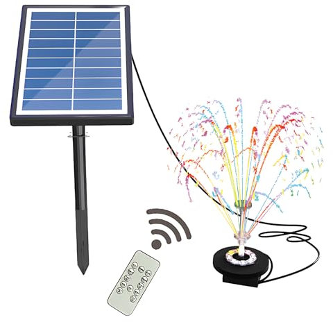 Irishom Pompe à Eau Solaire 10V/7W 400L/H, avec Lumière Colorée et Télécommande, Double Couche, Pompe de Fontaine Solaire, Batterie Intégrée 3000 mAh, Pompe Solaire de Bassin avec Câble de 16 Pieds