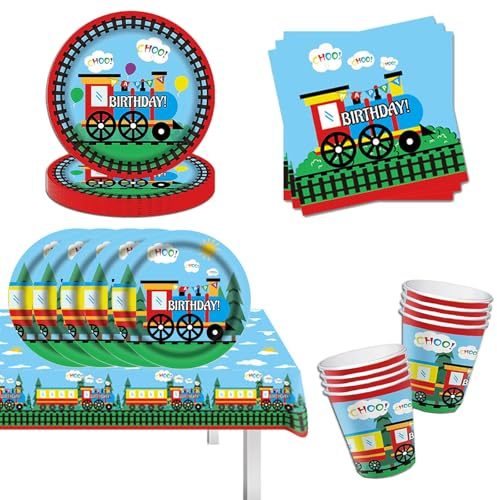 49Pcs Zug Geburtstag Party Supplies,Train Geburtstag Party Geschirr, Zug Partygeschirr Train Set,Teller Train Kindergeburtstag Deko Auto Pappteller Becher Servietten Tischdeko