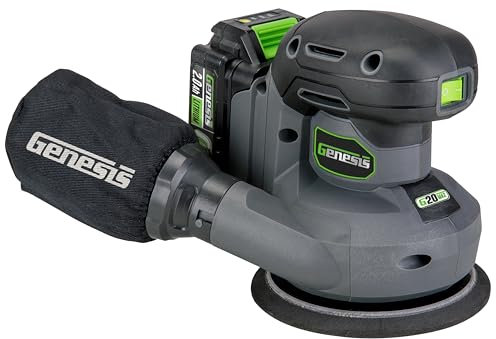 Genesis G20MAX Cordless Orbital Sander 20V 5 in. with Dust Bag, 6000 to 12,000 OPM Sandpapers, 2.0Ah Battery, and Quick Charger (GLROS20B)