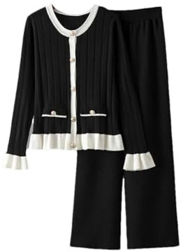 2-teiliges Strick-Set für Damen, mit Taschen, Cardigan, hohe Taille, weites Bein, 2-teiliges Set, Schwarz , Einheitsgröße