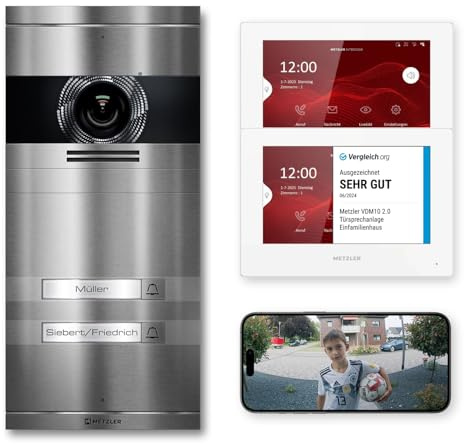 Metzler VDM10 2.0 Video Sprechanlage Komplett Set mit austauschbarem Namensschild - Anschluss LAN/POE - Türsprechanlage mit HD-Kamera und Bildschirm für 2 Familienhaus, aus rostfreiem V2A Edelstahl