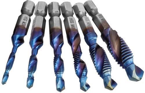 Mesee 6 Stück Metrisches Gewindebohrer-Set, HSS Tap Drill Bit Set, 1/4 Thread Machine Tap Bits, 1/4Sechskantschaft Senker Werkzeuge Bohrer Bit Set für Holz Kunststoff Dünnes Aluminium, M3-M10