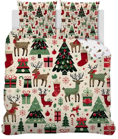 Linfye Bettwäsche 155x220 cm Weihnachtsbaum Rentier Bettwäsche-Sets 1 Bettbezug 155x220 cm + 2 Kissenbezug 80x80 cm, Niedliche Schneeflocken Weich Mikrofaser Bettbezüge 3 Teilig mit Reißverschluss