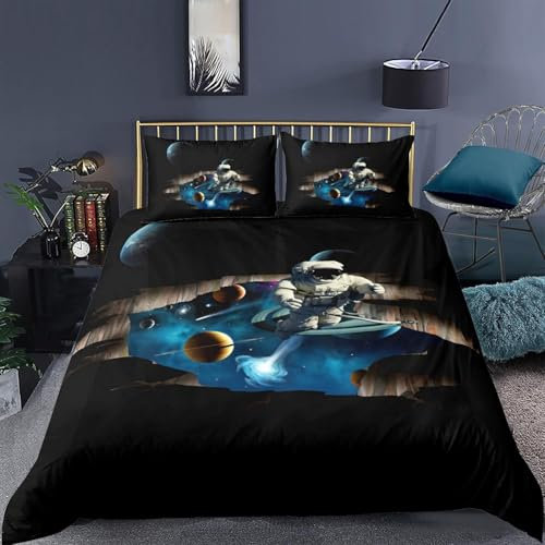 Kinder Bettwäsche-Sets Astronauten-Weltraum 3D Druck 3-Teilig Bettwäsche 100% Mikrofaser Weiche Mit Reißverschlus Soft Bettbezüge Mit 2 Kissenbezug - Bequem Und Pflegeleicht 155X200 cm -844V876N188V9