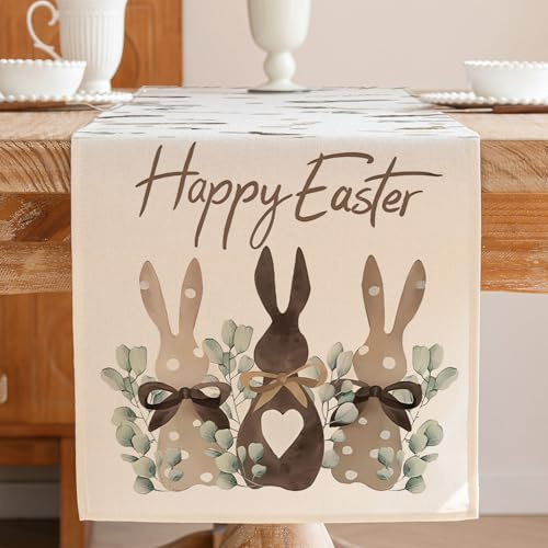 Jayusaror Ostern Tischläufer DREI Häschen Frühling Eukalyptus Saisonnal Waschbarer Modern Kleine Tischdecke Tisch Läufer für Kaffee Esszimmer Kommode Beistelltisch Schlafzimmer Party Deko 40 x 140 cm