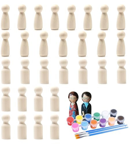 Sixfolo 30 Pezzi Kit di Figure In Legno da Dipingere Bambole di Legno Fai da Te da Colorare Persone Piccole con Pennelli e Strisce di Vernice per DIY Artigianato, 53 mm