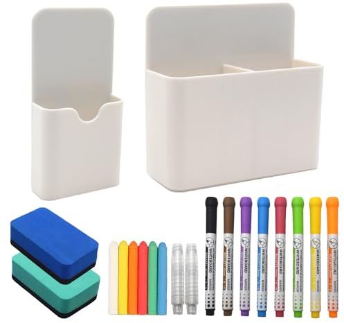 SHENSAIGO 2 Sizes Magnetic Marker Holder, White Magnetic Pen Holder with Whiteboard Eraser, Adjustable Whiteboard Accessories for School Office Home Whiteboards Refrigerator(White)