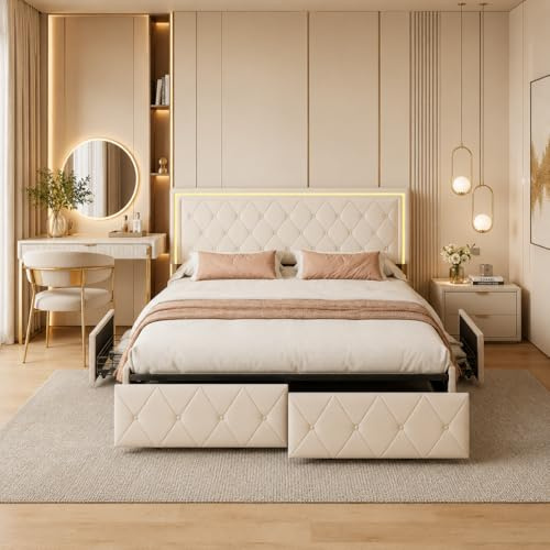 JiaOyu Polsterbett Doppelbett 160x200cm – Stilvolles Bettgestell mit LED-Beleuchtung, 4 großen Schubladen und stabilem Metallrahmen, perfekt für Moderne Schlafzimmer, ohne Matratze (Weiß, 160x200cm)