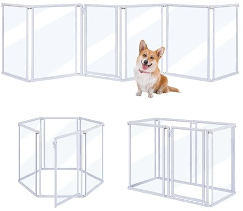 unipaws transparenter Acryl Hundelaufstall, 424 cm breiter 8-Panel freistehender Laufstall Hund, faltbares Welpengitter Hund mit Tür, Welpenlaufstall für Hunde & Katzen