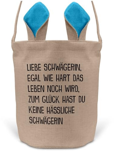 22Feels Ostern Geschenk Schwägerin Osterkorb von Schwägerin mit Henkel Tragetasche Deko Osternest Körbchen Hasenohren (Beige/Blau)