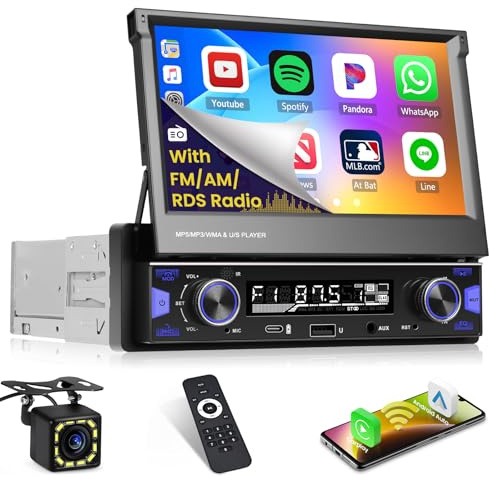 Inefala Radio Coche Pantalla Retractil 1 DIN con Inalámbrico CarPlay Android Auto, 7 Pantalla Tactile Autoradio Bluetooth 1 DIN con Radio Am/FM Mirror Link USB+Type-C EQ SWC Cámara Trasera Mic