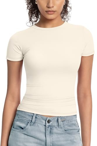 Womens Basic Casual Short Sleeve T-Shirts - Y2k Scoop Neck Summer Crop Tops Slim Fit Tees White
