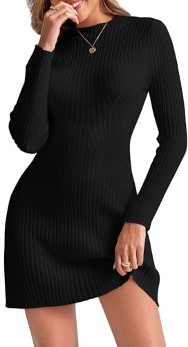 Saodimallsu Damen Strickkleid Langarm Rundhals Bodycon Pulloverkleid Gerippter A Linie Slim Fit Minikleid Elegant Feinstrick Freizeitkleid Herbstkleid Winterkleid Schwarz M