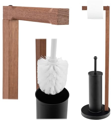 KADAX Toilettenpapierhalter mit integrierter Klobürste, Klopapierhalter Stehend mit Toilettenbürste für Badezimmer, WC Garnitur aus Stahl und Holz (Schwarz)
